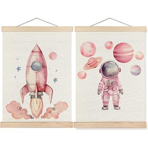 SPBL&L Pink Space Wall Art, Space Nursery Poster Hanger Frame, Cosmic Planets Rocket Astronaut Hanging Canvas Pictures Prints Wall Decor for Girls Room Nursery Playroom, 12x16 Inch Set of 2