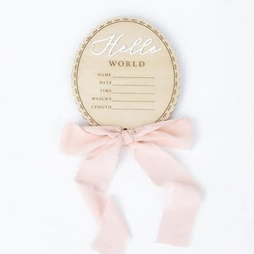 Hello World Newborn Sign - 6 Inch Baby Birth Announcement Sign with Bow, Milestone Sign for Baby Girl, Photo Prop at Hospital, Nursery Decor Keepsake, Welcome Newborn Arrival to World (Pink Bow)