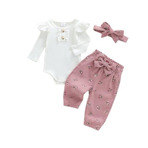 Newborn Baby Girl 3 Piece Outfit Set Ruffle Long Sleeve Ribbed Bodysuit Floral Bow Jogger Pants Fall Infant Clothes