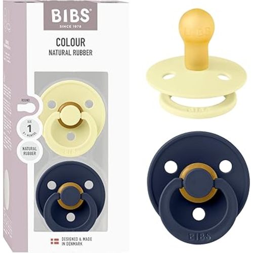 BIBS Colour Pacifiers | Set of 2 BPA-Free Latex Baby Pacifiers | Round Nipple | Made in Denmark (Luna/Deep Space | 0-6 Months)