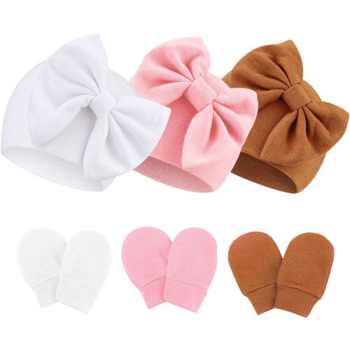Newborn Baby Hats and Mittens Set Infant Bow Beanie Cap Toddler Gloves Newborn Hospital Hats for Baby Boy Girl Kid 0-6 Months