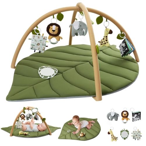 Blissful Diary Baby Play Gym & Activity Mat, Oversize Leaf Shaped Baby Play Mat w 6 Detachable Toys, Tummy Time Mat Promote Motor Skills & Sensory Development Mat, Newborn Infant Baby Essentials Gift