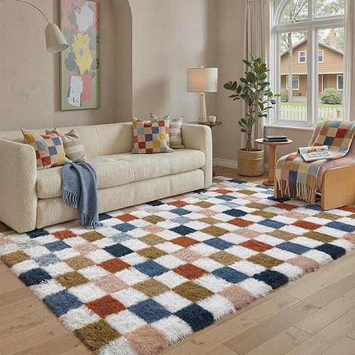 PureCozy Checkered Rug 5x7 for Living Room, Modern Rainbow Shag Rug Super Soft Washable Indoor Fuzzy Carpet Non-Slip Fluffy Rugs for Bedroom Home Aesthetic Decor