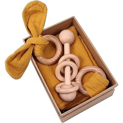 Baby Lovey, Wood Rattle, Teether Ring, 3 Pack Montessori Gift, Ginger, 100% Cotton, Double Gauze, Baby Girl Shower Gift