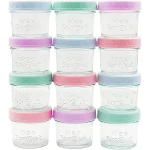 WeeSprout Baby Food Storage Glass Jars w/Lids (4 oz, 12 Pack) Pastel Variety, Snack, Reusable Small Containers, Fridge or Freezer, Microwave & Dishwasher Safe, Essentials for Infants