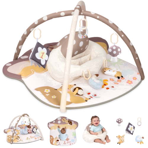 PRVAETU Baby Play Mats Tummy Time Mat for Infant Washable Padded Baby Activity Center with Detachable Toys Non-Slip Baby Gym Playmat,Khaki
