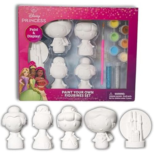 Innovative Designs Disney Princess DIY Paint Your Own Figurines Arts and Crafts Set for Girls, Paint, Paint Brush, and Glitter – Cinderella, Belle, Tiana, Jasmine, and Princess Castle
