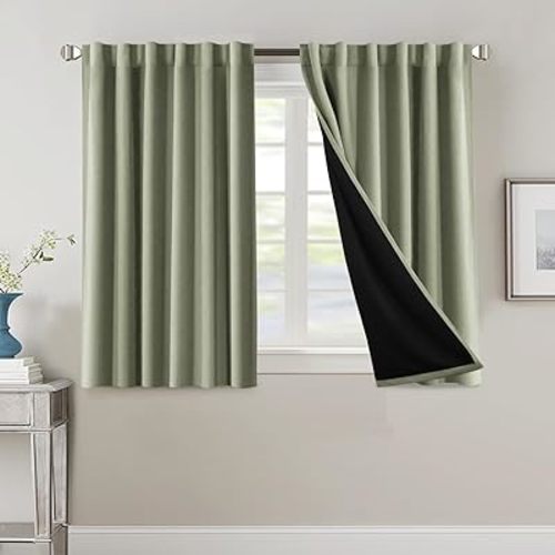 H.VERSAILTEX 100% Blackout Curtains for Bedroom with Black Liner Full Room Darkening Curtains 45 Inches Long Thermal Insulated Back Tab/Rod Pocket Window Drapes for Living Room, 2 Panels, Sage
