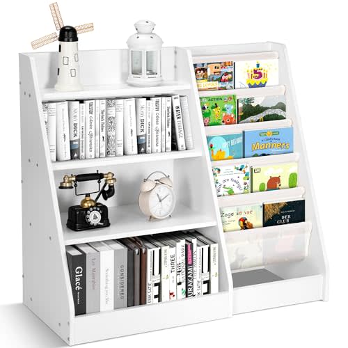 Lynxor 4 Tier Wooden Kids Bookshelf, 5 Layer Sling Toddler Bookcase, Book and Toy Organizer Cabinet, Montessori Baby Bookshelf for Home, Nursery, Playroom, Bedroom, Kindergarten, White