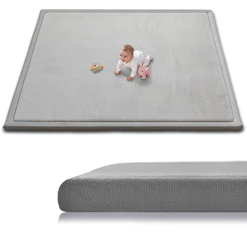 Baby Play Mat for Floor, 79'' x 71'' Thicken Foam Soft Padded Playmat for Tummy Time, Playpen Mat for Toddlers Infant Kids, Water-Repellent Coral Velvet, Non-Slip Bottom Safe for Crawling, Light Grey