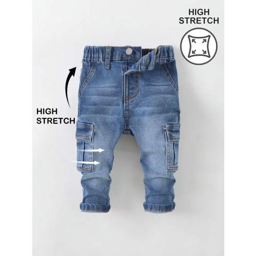 Baby Boys' Casual Soft Cute Distressed Blue Denim Stretch Skinny Cargo Jeans Fall Winter, Dailywear, Streetwear,Christmas,New Year,Thanksgiving,Stylish