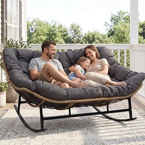 NICESOUL Double Wide Rocking Papasan Chair Outdoor Indoor for 2, PE Wicker Patio Rocking Chair with Cushion and Frame, 700 lbs Heavy Duty Big Comfy Lounge Chair for Porch, Balcony & Living Room, Grey