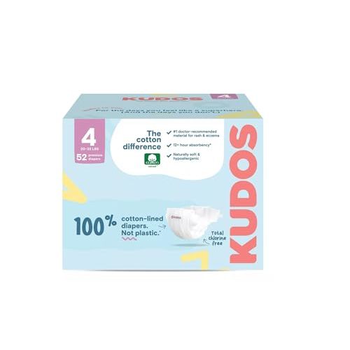 Kudos Size 4 Cotton-Lined Disposable Baby Diapers, 52 Count, Ultra Absorbent Baby Diapers, Soft Comfort, Gentle Materials, Secure Fit for Sensitive Skin