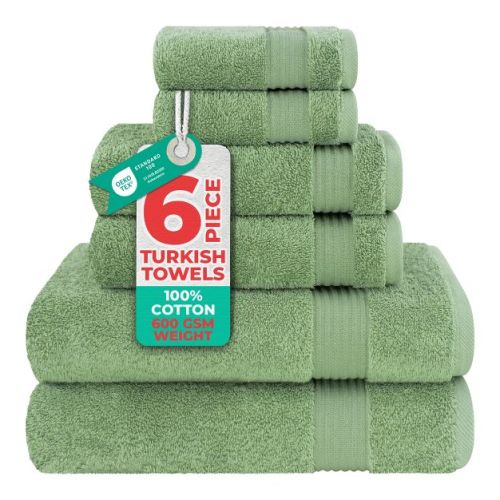 American Soft Linen Bekos 6 Piece Towel Set, 100% Cotton Bath Towel Set for Bathroom, Sage Green