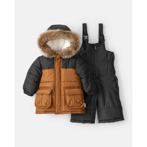 Baby Boy 2-Piece Color Block Hooded Snowsuit Jacket & Bib Set - Brown/Black - Carter's | Carter's