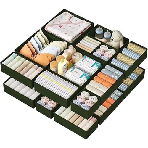 DIMJ Drawer Organizer Clothes 15 Pack - Foldable Baby Organizers and Storage & Dresser Organizer for Bedroom, Closet - Nursery Organization Dresser Dividers for underwear, Sock,Bra, Belt, Tie, Green