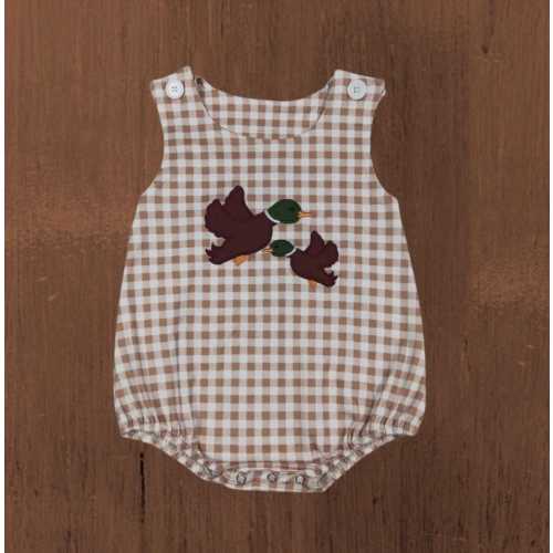 Baby Boy Duck Romper | Hunting Baby Outfit | Mallard Embroidered Bubble Romper | Gingham Baby Outfit