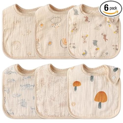 Zainpe 6Pcs Snap Muslin Cotton Baby Bibs Rabbit Bear Sheep Pattern Bandana Drool Cloths Soft Absorbent Adjustable Burp Cloth Feeding Bib for Newborns Girls Boys Toddlers Teething Eating 0 to 36 Months