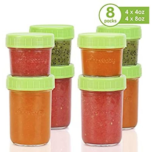 Glass Baby Food Storage Containers - Set Contains 4 Small Reusable 4oz Jars and 4 Large Reusable 8oz Jars with Airtight Lids and Waterproof Label