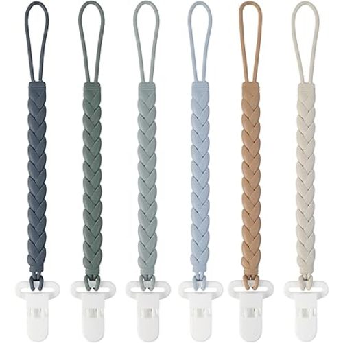 6-Pack Silicone Pacifier Clips with a Woven Rope Shape for Baby Boys and Girls - Flexible and Rust-Free Holders for Teething Relief and Baby Essentials, Safe for Newborns (Grey)