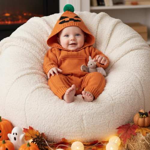 Custom Baby Romper with Pumpkin Hood, Modern Vintage Halloween Costume, Personalized Back Name Knit Jumpsuit, Fall Trick or Treat Wear