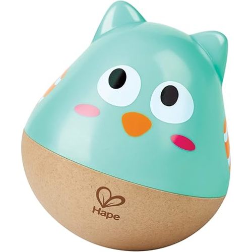 Hape: Owl Musical Wobbler - Blue - Wooden Music Animal Toy, Tinkling Sound, Roly-Poly, Shake & Push, Sensory, Tummy Time, Baby & Toddler Ages 6 mo+