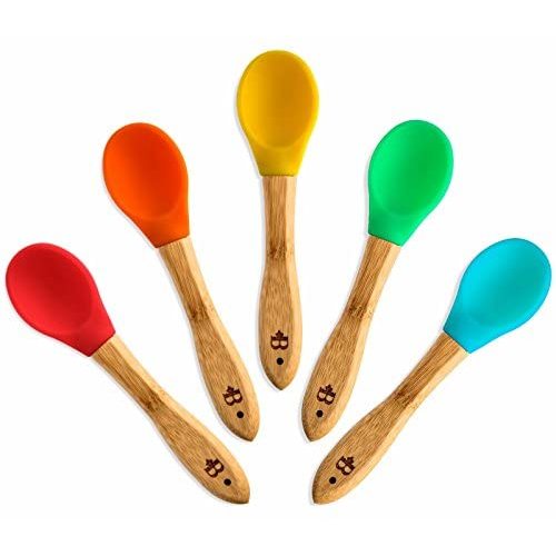 BAMBÜSI Premium Bamboo Baby Spoons - First Stage Weaning Feeding Spoons with Soft Silicone Tips for Babies or Toddler - Gum-Friendly BPA-Free and Lead-Free - Great Infant Gift (Set of 5)