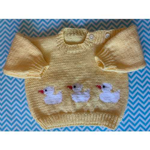 Beautiful Hand Knitted Toddler Jumper. Ideal Baby Gift. Knitted in Baby Yellow with Three Ducklings on the front in white. 12-24 Months