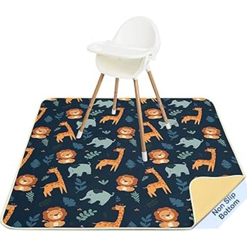 Basumee Splat Mat High Chair Mat Waterproof Baby Play Splat Mat for Under High Chair Food Catcher Highchair Mat for Floor Non Slip Bottom, Dark Blue Giraffe, 46x42 Inches