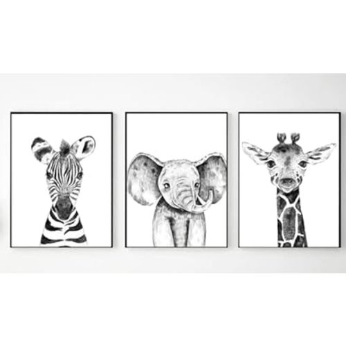 Safari Animals Wall Art Prints Set of 3-11x14 - Unframed - Zebra, Giraffe, Elephant Baby Animals Artwork - Decor for Nursery, Kids Room Decoration