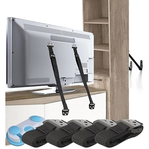 Family Care TV Safety Straps 4 Pack+Gift - Metal Furniture Straps for Baby Proofing - TV Straps Safety for Flat Screen - Earthquake Straps for Bookcases - Furniture Anchors Anti Tip Kit