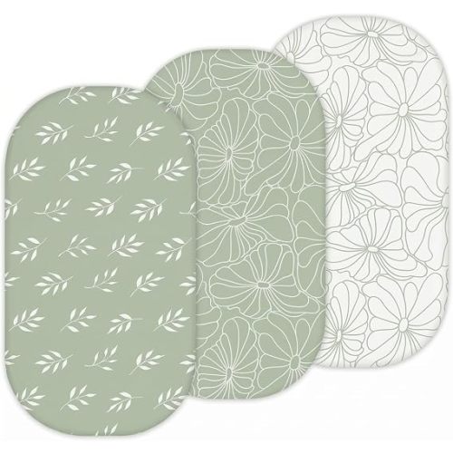 TansyPanda 30x18 Bassinet Sheets Set, Snug Fit for All Oval Bassinets Like Maxi COSi, Dream On Me, Baby Delight, Delta Children, Munchkin, 4moms, Chicco & More, Breathable Unisex Bedding, Green Leaf
