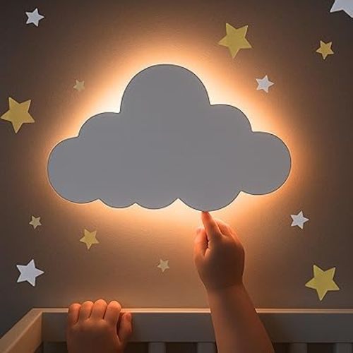 Dimmable Cloud Wall Light for Kids Room & Nursery – Rechargeable LED Night Lamp with Touch Control – Gentle Glow for Baby Room Decor (Star Wall Decals Included)