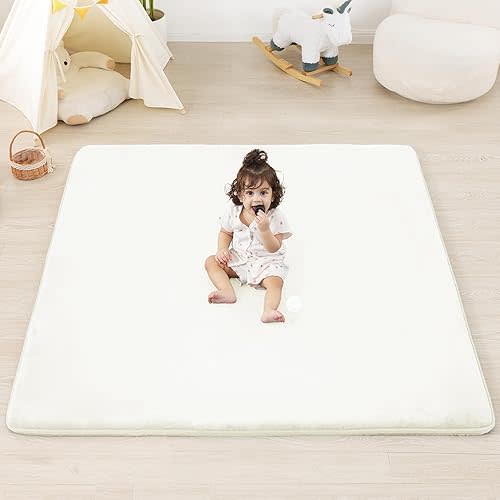 1.3" Thick Baby Floor Play Mat 50x50, Basic Padded Foam Mat for Tummy Time Crawling, Non Slip Cushioned for Babies Toddlers Infants Kids (Ivory)