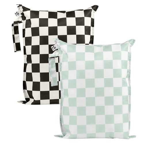 Tiny Twinkle Mess Proof Wet Bags | 2-Pack Reusable Waterproof Wet Bags for Swimsuits | Baby Clothes | Travel & Diaper Bag (Black, Green Checkers)