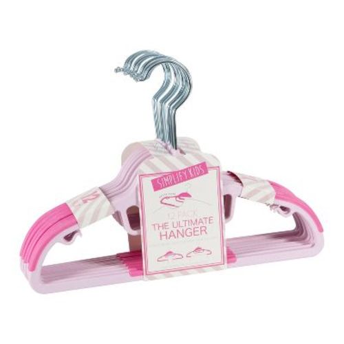 Simplify 12ct Kids' Razor Thin S-Shape Suit and Shirt Hanger with Tie Bar - Pink: Metal