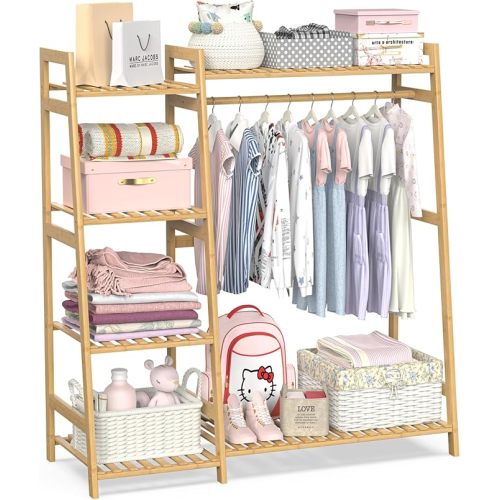 Kids Clothing Rack with Shelves, Bamboo Clothes Garment Rack for Kids Child Baby, Kids Dress Up Storage Rack with Top Shelf, Toddlers Wardrobe Closet for Nursery (Medium Size)
