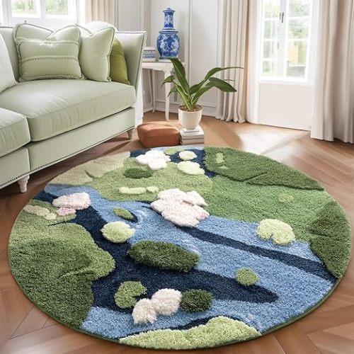 YIHOUSE Modern Round Area Rug, Grass Green Moss Aesthetic Rug for Bedroom Non-Slip Throw Shag Fluffy Carpet Washable Circle Rug for Nursery Room Girls Living Room Playroom Home Decor(Summer, 5x5Ft)