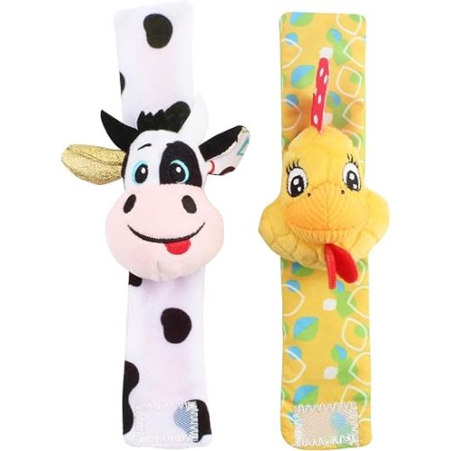 Balibazoo Farm Friends Wrist Rattle Set – Soft Plush Sensory Wristbands for Babies 0-12M | Cow & Chicken Baby Rattles | Velcro Strap Attachment | Developmental Toy for Newborns & Infants