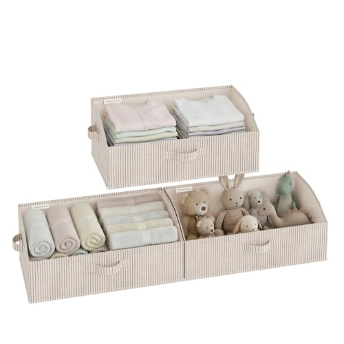StorageWorks Closet Storage Bins Trapezoid, Khaki Stripes, Large, 3-Pack | Closet Organizer Bins, Trapezoid Organizer Box for Shelves, Fabric Clothes Bin, Foldable Organizing Baskets with Handles