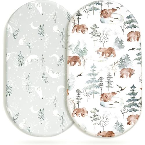 Stretchy Bassinet Mattress Sheets, Ultra Soft Bassinet Sheet 2 Pack, Universal Fitted for Oval Hourglass Rectangular Bassinet Mattress Pad Safe and Snug, Stylish Pattren of Bear and Wolf Print