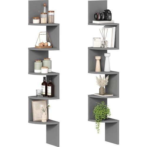 HOOBRO Corner Shelf Wall-Mounted, Set of 2 Floating Corner Shelves, 5-Tier Bookshelves for Wall Decor in Living Room, Bedroom, Home Office, Dove Gray GY26BJP201