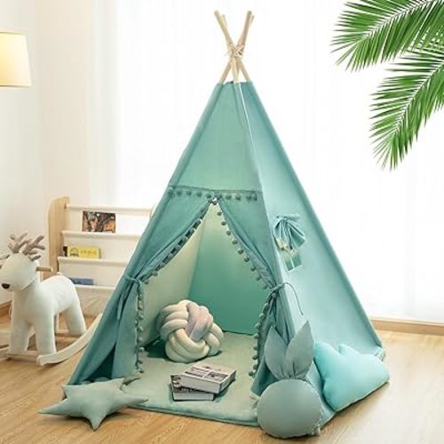 Teepee Tent for Kids with Mat, Star Lights, Carry Case, Cotton Canvas Playhouse, Foldable Tents, Portable Children Play Tent Indoor Outdoor (Jewelry Blue)