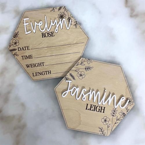 Hospital Name Announcement Sign - Floral Hexagon Name Sign - Birth Sign with Newborn Stats - Baby Nursery Decor - 3D Name Reveal Sign