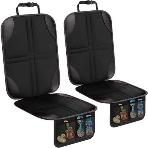 Car Seat Protectors 2Pack, Non-Slip Waterproof Auto Seats Pad Under Baby Car Seat 600D Oxford Fabric Carseat Cover with 2 Thick Padding Mesh Storage Pockets Pet Child Seats Mat for Sedan Truck SUV Van