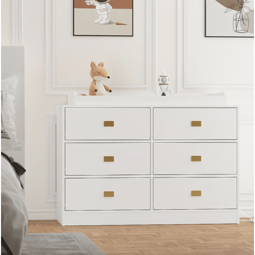 IdealHouse Multifunctional 6 Drawer Nursery Dresser with Changing Table Top Power Outlets Removable Soft Pad Ample Storage Organizer White