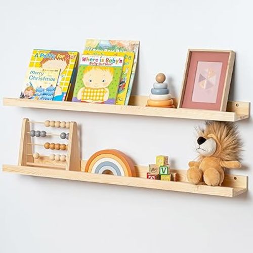 Picture Ledge Shelf for Wall, 36 inch Solid Pine Wood Nursery Book Shelves 2 Packs, Floating Ledge Shelves for Kids' Room Bedroom Bathroom Living Room Photo Frames Office Nursey Wall Decor, Natural