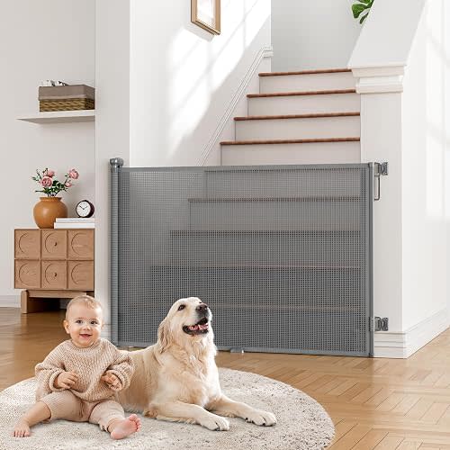Babepai Retractable Baby Gates Extra Wide | 55" Wide x 34" Tall Dog Gates for Stairs | Indoor/Outdoor Use | Child Gates for Doorways, Deck, Porch, Hallways, Patio - Gray