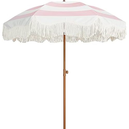 Boho Fringe Beach Umbrella - Pink Stripes