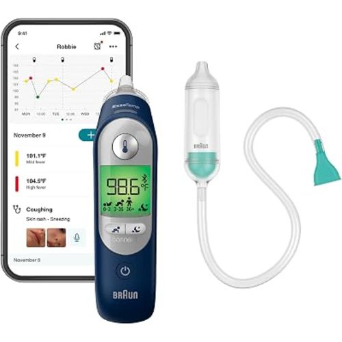 Braun ThermoScan 7+ Connect Ear Thermometer + Nasal Aspirator Bundle - Bluetooth App, Baby Thermometer for Fever, Infant Nose Cleaner with Filters & 2 Tips